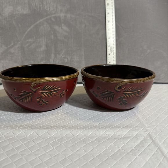 North‎ Pole Trading Co Northwood Red Pine Cereal Soup/Desert Bowl Rustic Set 2 - Picture 4 of 9
